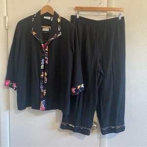 Alfred Dunner 3 Pc Pant Suit Womens 16 Black Floral Church Cruise Outfit